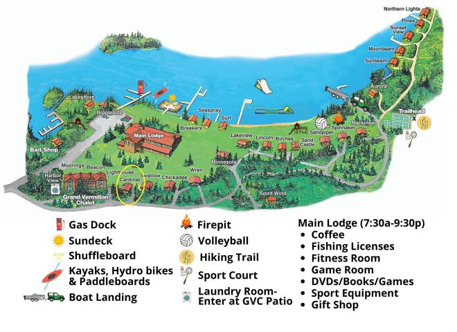 Resort map with Cardinal circled, located near the harbor and lodge.