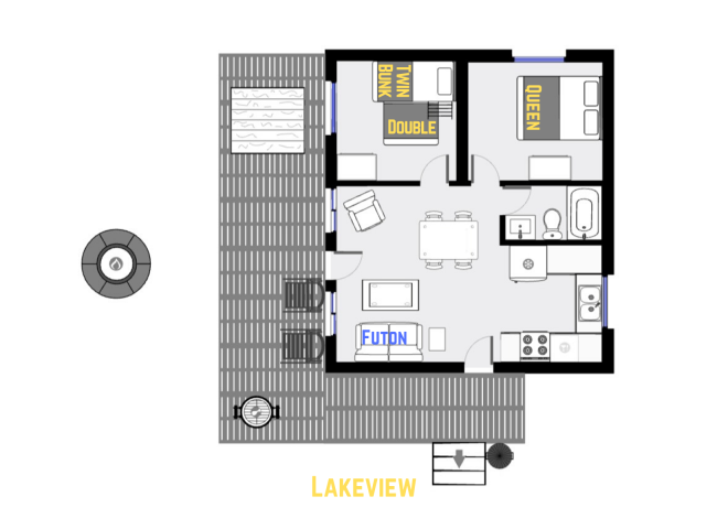 Lakeview's floor plan showing one level, two bedrooms, and one bathroom.