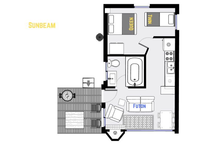 Sunbeam's floor plan, showing one level, one bedroom and one bathroom.