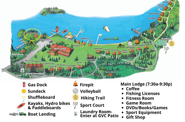 Resort map with Lakeshore circled, located near the lodge and harbor.