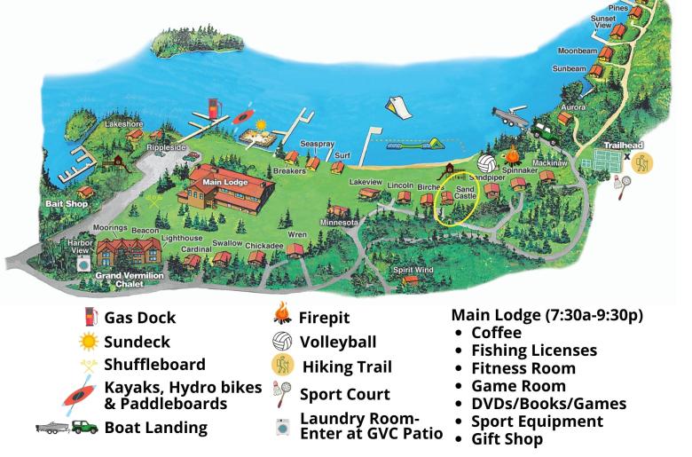 Resort map with Sandcastle circled, located on the beach.