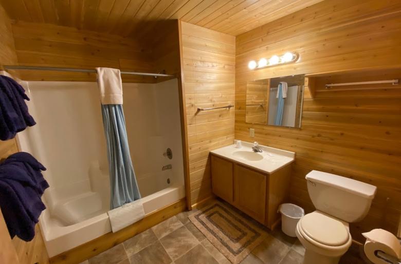 Downstairs bathroom with a standard tub/shower.