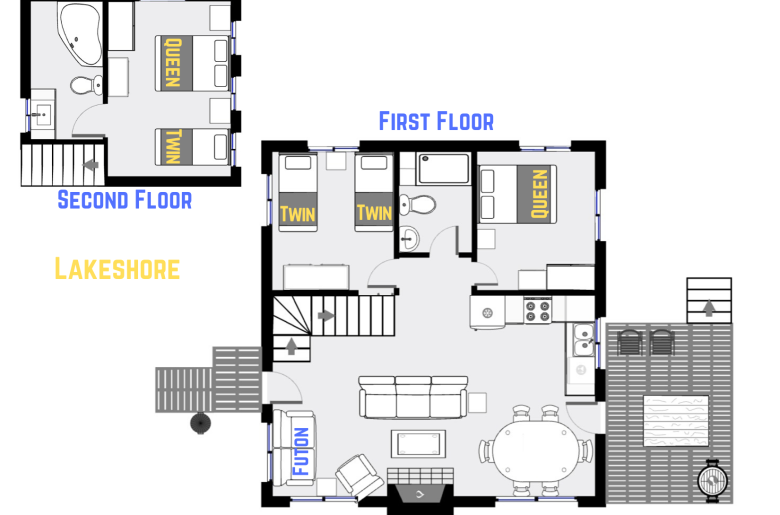 Lakeshore's floor plan showing two levels, two bedrooms plus loft bedroom, and two bathrooms.
