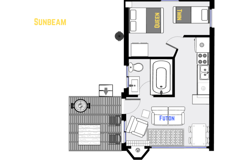 Sunbeam's floor plan, showing one level, one bedroom and one bathroom.