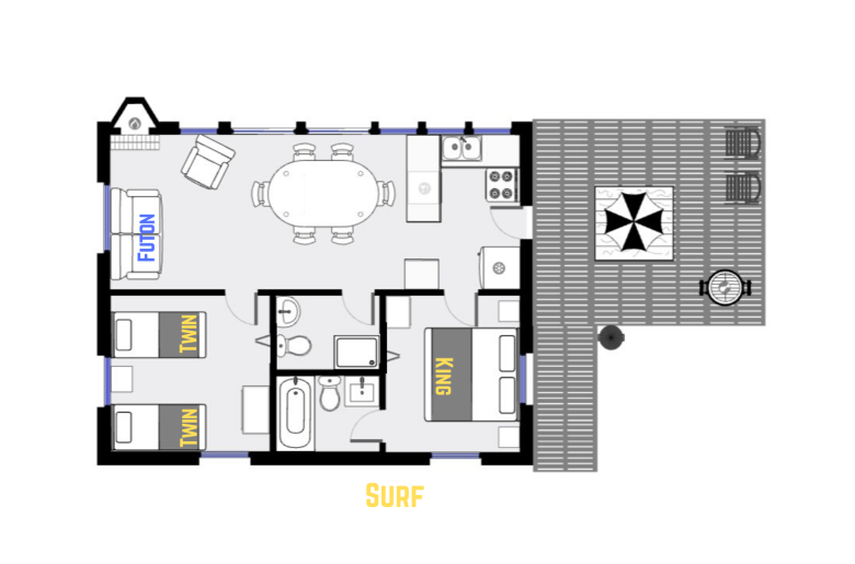 Surf's floor plan showing one level, two bedrooms, and two bathrooms.