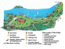Resort map with Cardinal circled, located near the harbor and lodge.
